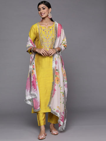 Varanga Yellow Embroidered Kurta With Tonal Bottam And Contrast Printed Dupatta
